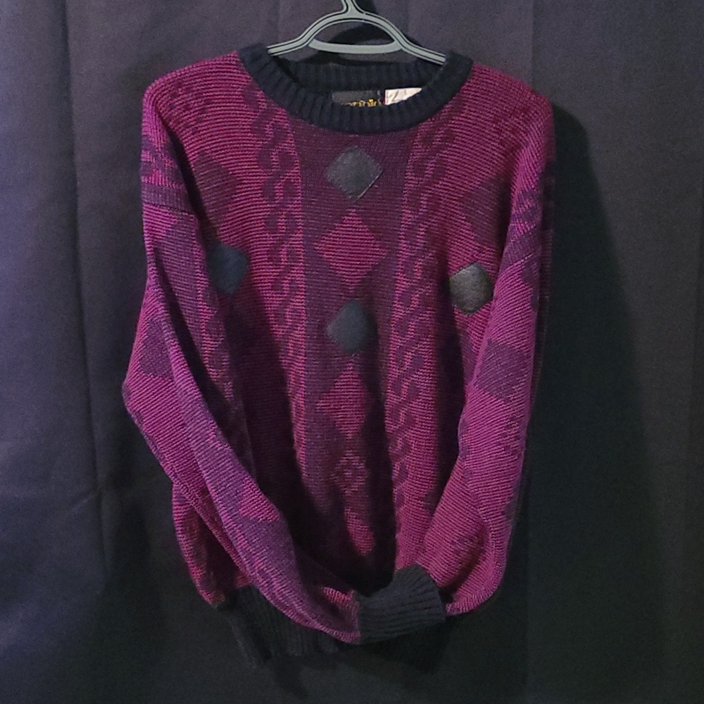 Vintage NORDIC Geometric Patterned Sweater - Black and Purple  Leather Accents - Picture 9 of 12